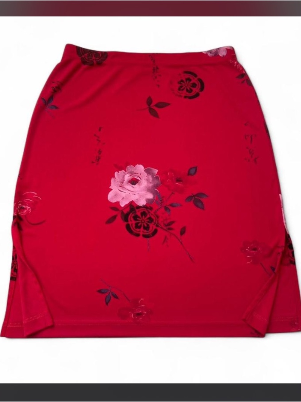 Vintage 90s A. Byer Red Floral Asian Inspired Midi Skirt - Size M